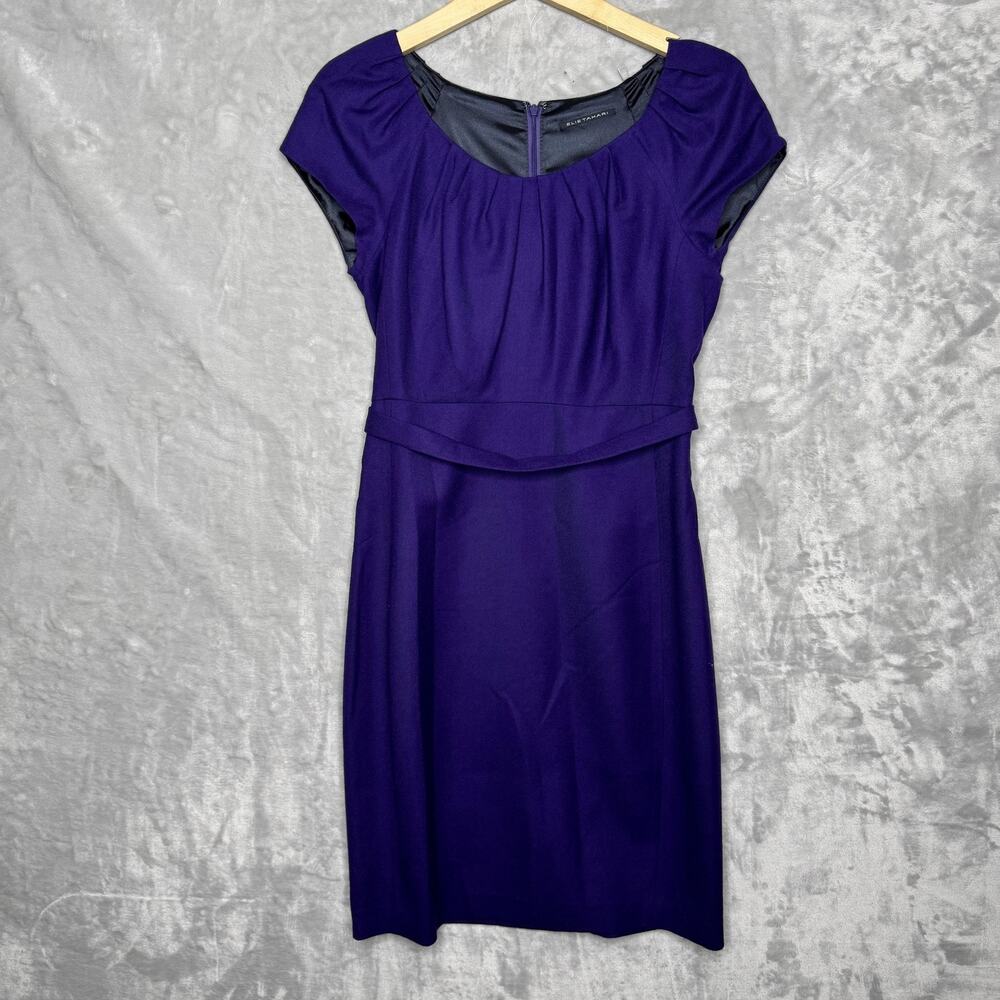 Elie Tahari Dress Womens 4 Purple Wool Blend Short Sleeve Sheath Career Work